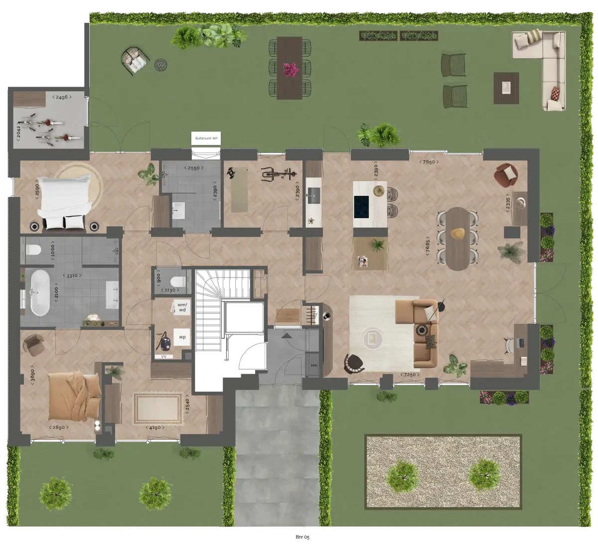 Plattegrond begane grond bouwnummer 5 met privétuin
