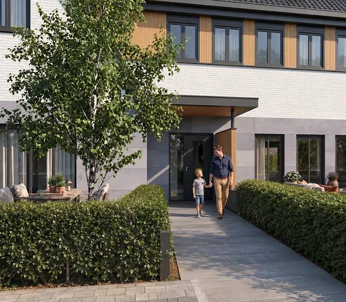 Entree van het voormalige bankgebouw met de twee appartementen